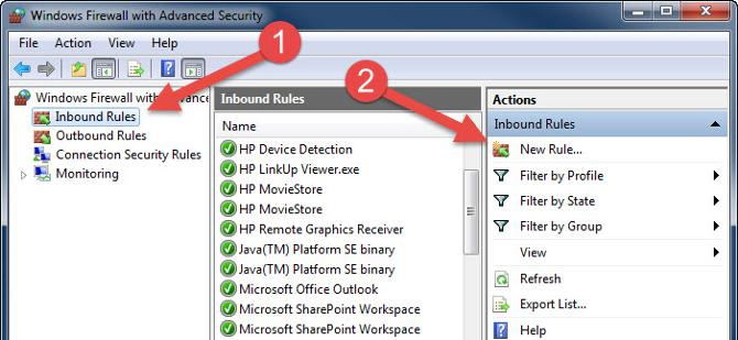 Creating a new Inbound Rule in Windows Firewall for specific port