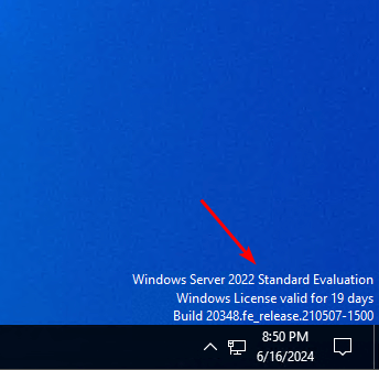 Windows Server desktop showing evaluation copy warning