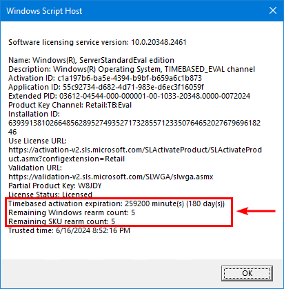 Executing slmgr /rearm to reset the evaluation timer