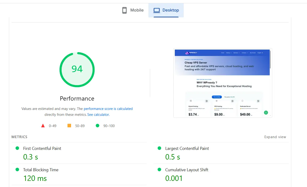 Core Web Vitals Results